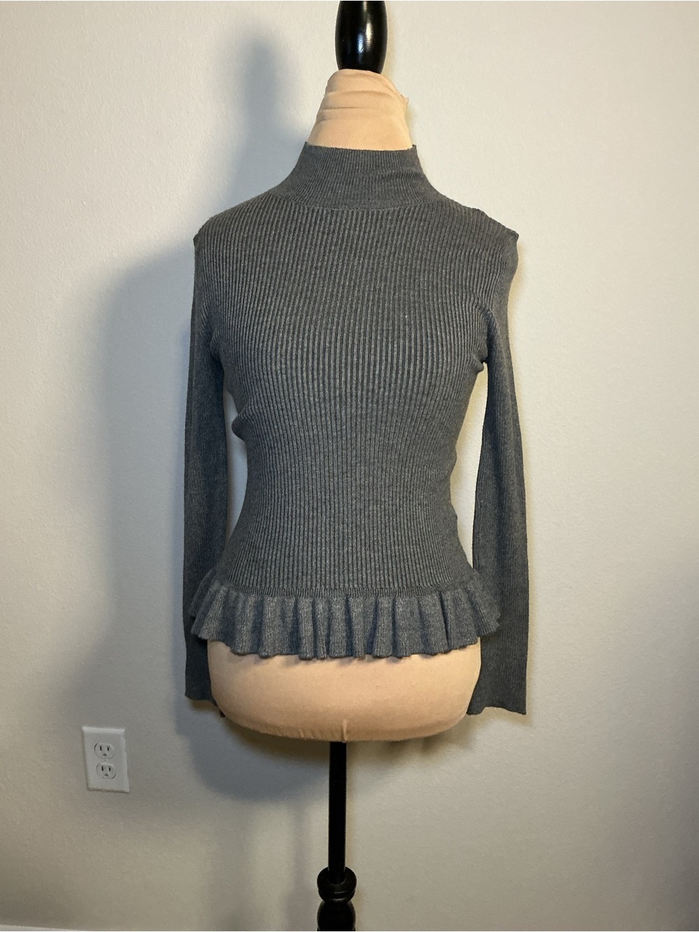 Gray Ribbed Mock Neck Sweater with Ruffle Hem - Picture 2 of 5